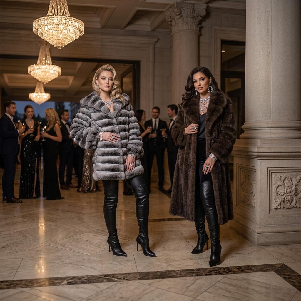 Women in luxurious fur coats and overknee boots