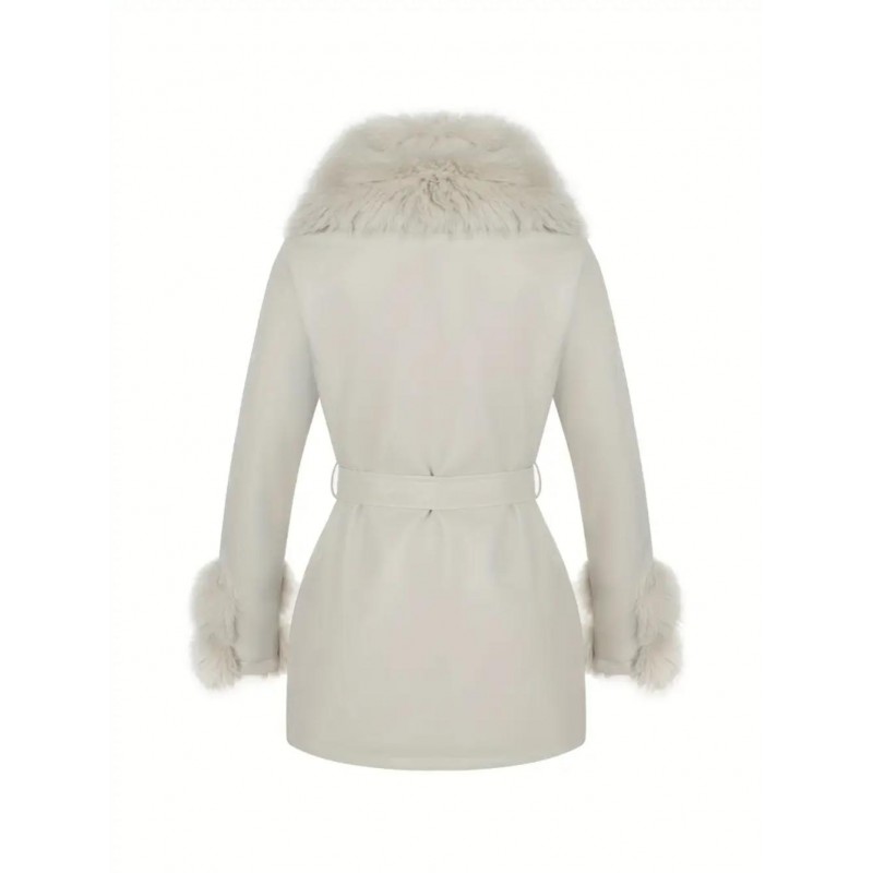 Elegant Detachable Faux Fur Collar Belted Jacket VE842129W